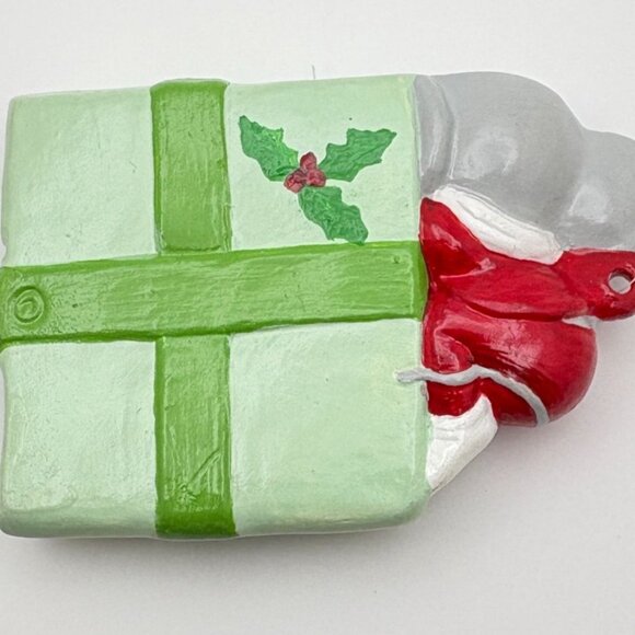 Vintage Christmas Mouse Ornament With Gift & Holly Design Hand Painted - Picture 2 of 6